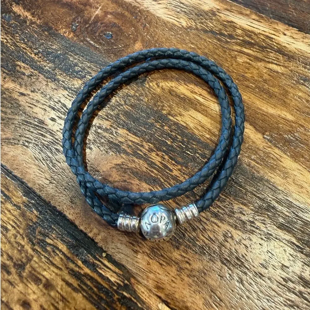 Pandora Moments Double Black  Leather and Silver Bracelet, 6